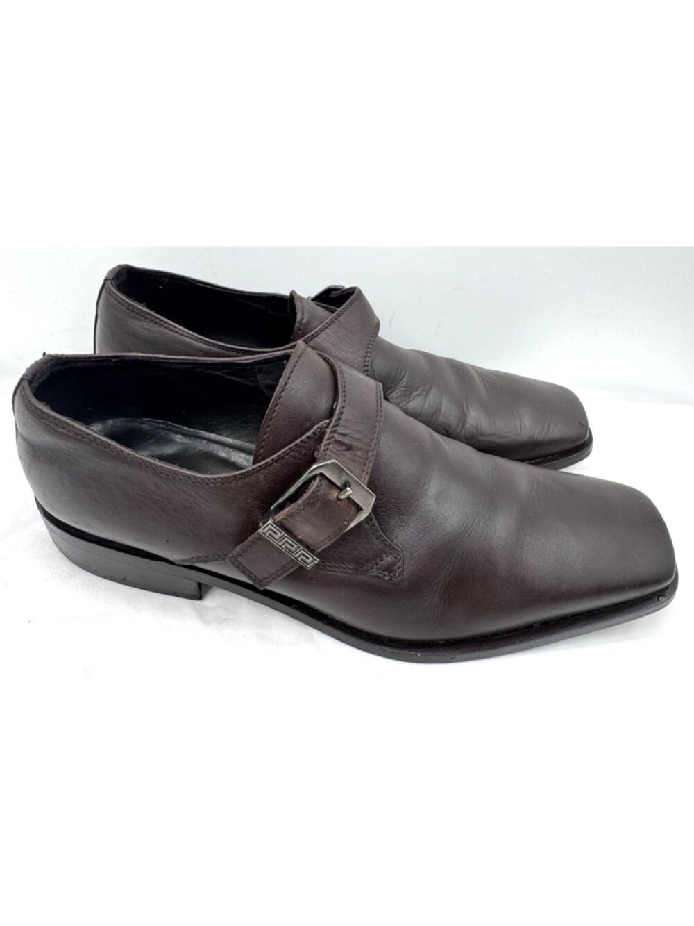Vintage Versace Classic  Brown Leather Square Toe Shoes Buckle Logo Mens Sz 41